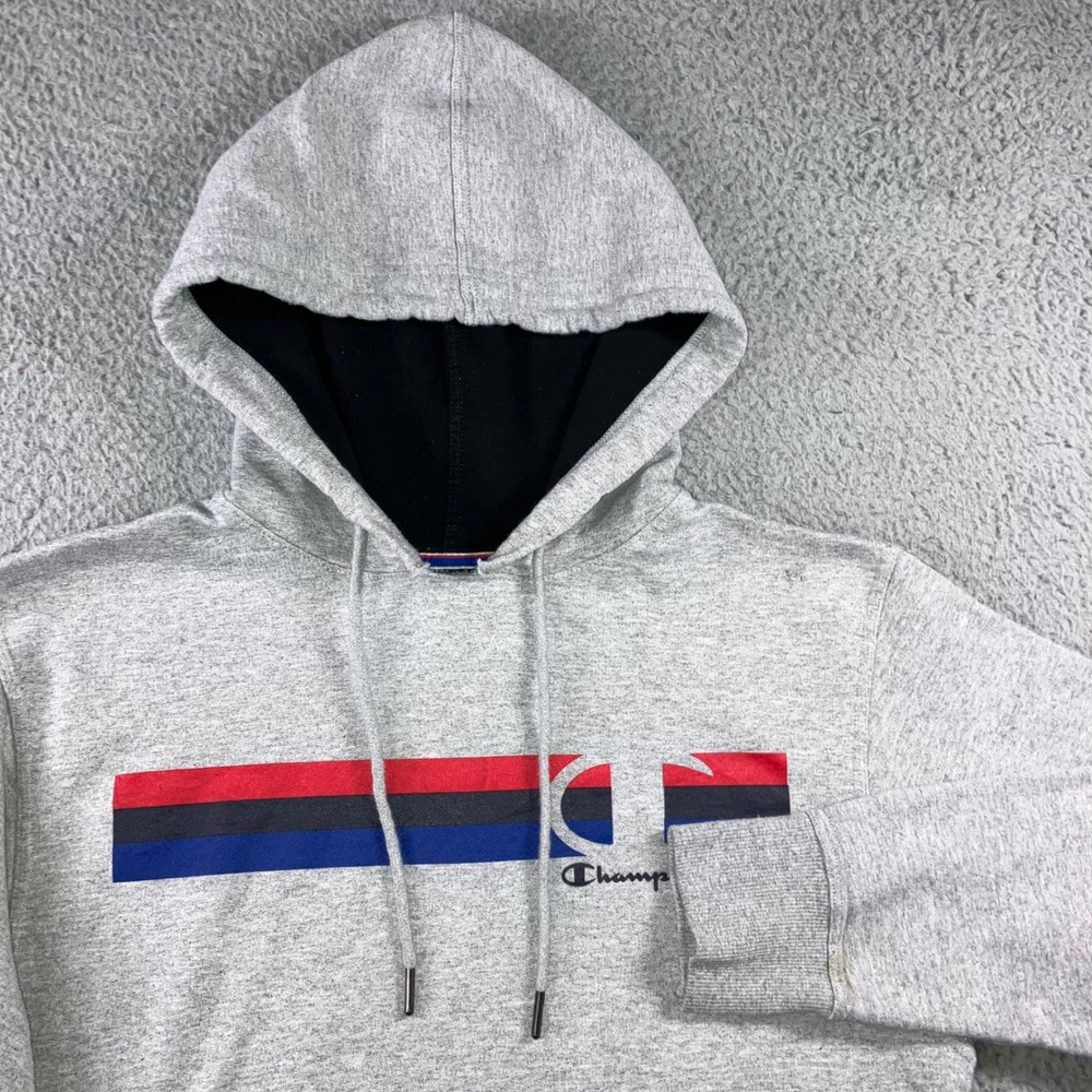 Champion Hoodie Sweatshirt Mens Small Grey Streetwear Graphic Stripe Pullover